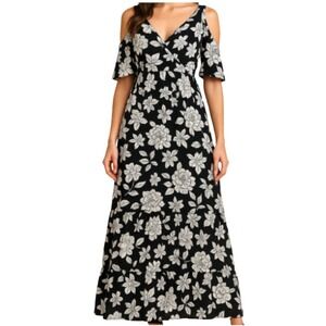Charlotte‎ Russe Women's Maxi Dress  M Cold Shoulder Ruffle Hem Floral Black Lq